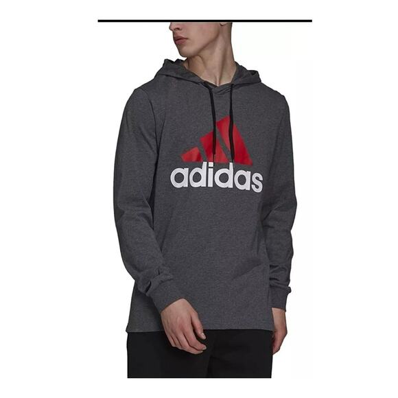 Adidas T Shirt Mens Big Logo Hooded Gray Long Sleeve Sz L EUC NICE - Picture 2 of 4